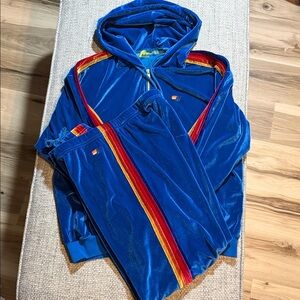 Aviator Nation Classic 5 Stripe Blue Velvet Full Zip SET Hoodie and Sweatpants M